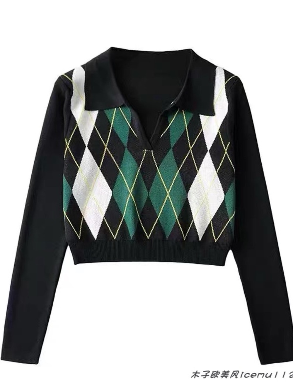 Black Green Argyle Collared Knit Top